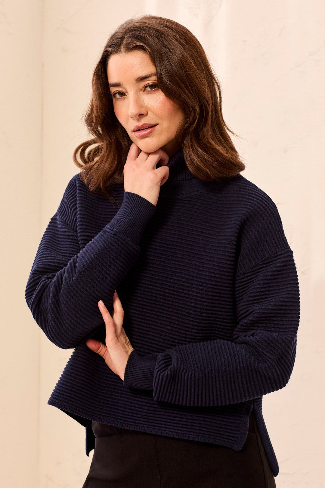 LONG SLEEVE T-NECK HIGH LOW SWEATER WITH SIDE SLITS - NIGHTFALL