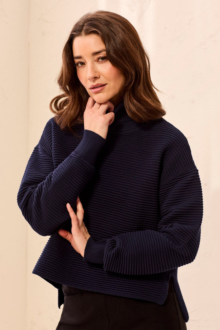 LONG SLEEVE T-NECK HIGH LOW SWEATER WITH SIDE SLITS - NIGHTFALL