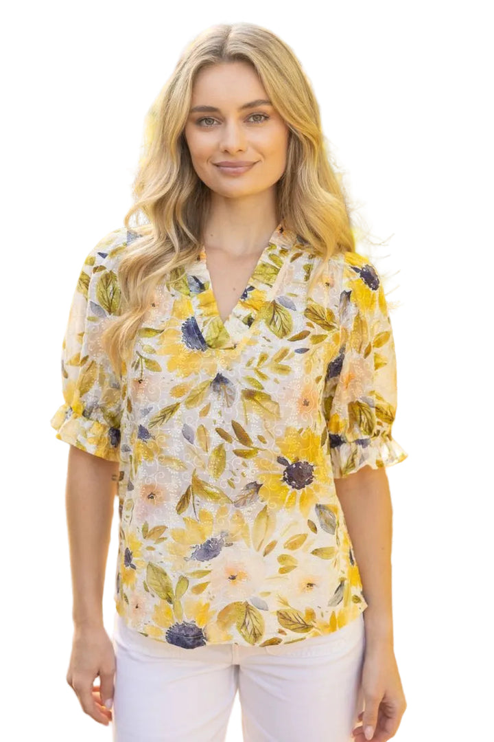 RUFFLED V-NECK FLORAL & EMBROIDERED TOP - YELLOW