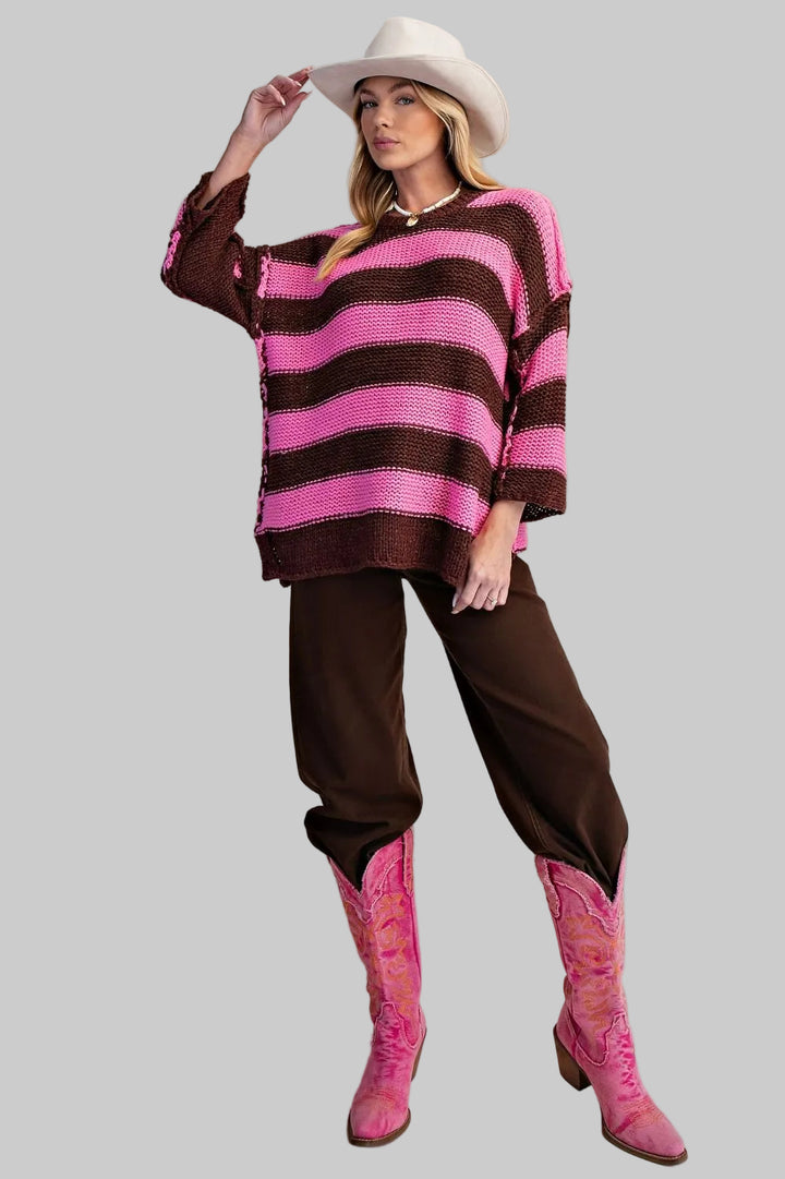 3/4 SLEEVE STRIPED CHUNKY KNIT SWEATER - PINK CHOCOLATE