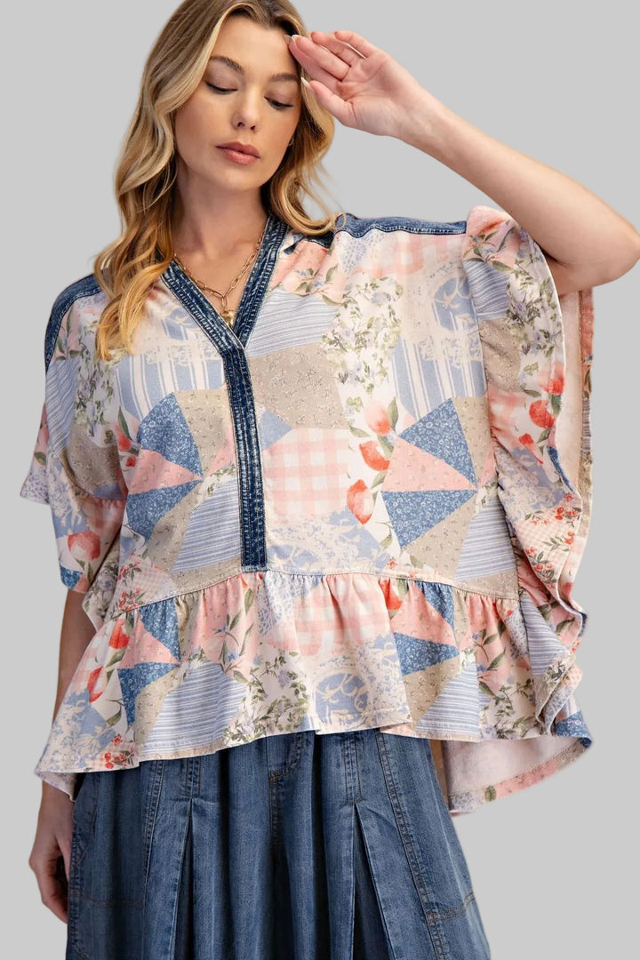 PATCHWORK MIX FLORAL/GEO PRINT PEPLUM TOP - BLUSH