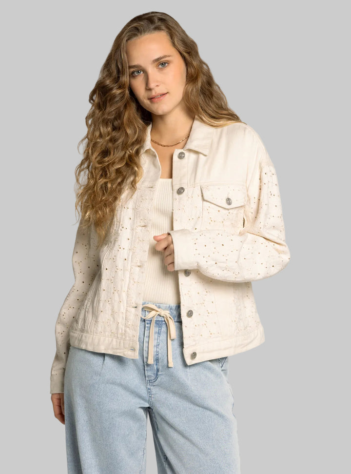 COLLARED EYELET DETAIL DENIM JACKET - CREAM