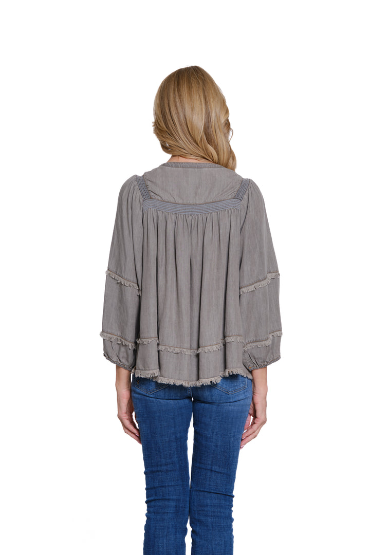3/4 RAGLAN SLEEVE TIE NECK SHIRRED TOP W/EMBROIDERY - MEDIUM GREY