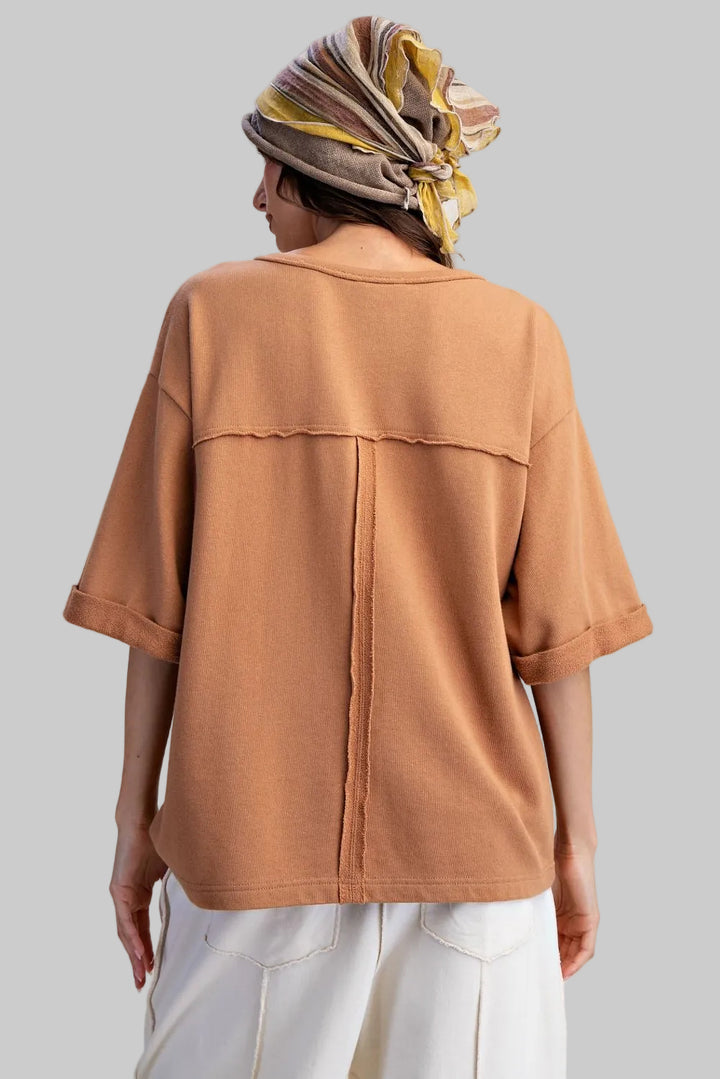 HALF SLEEVE FLOWER PATCH FRONT TERRY KNIT BOXY TOP - MOCHA