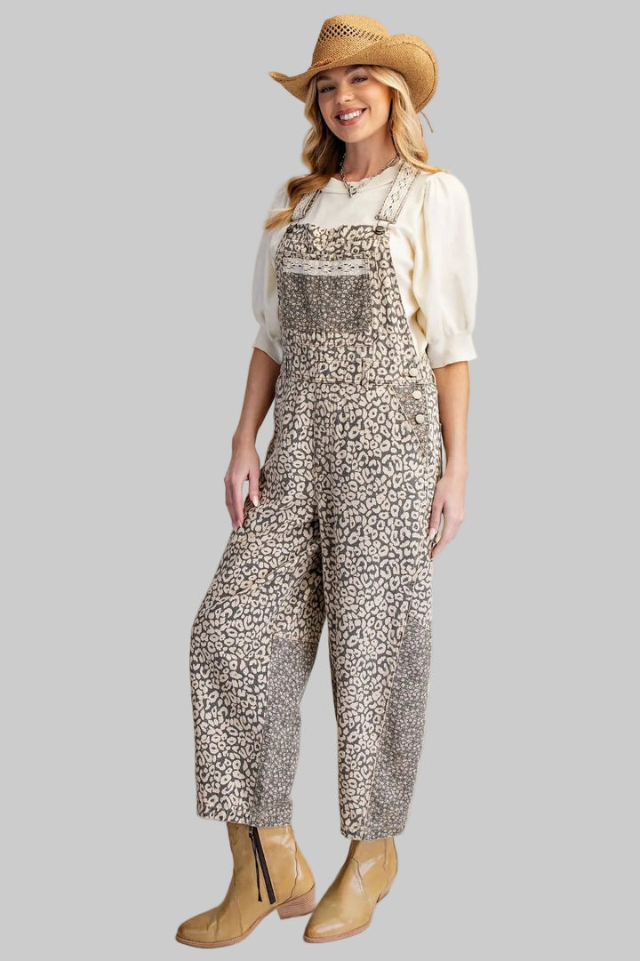 LEOPARD PRINT WASHED TWILL CROPPED OVERALLS - GREY