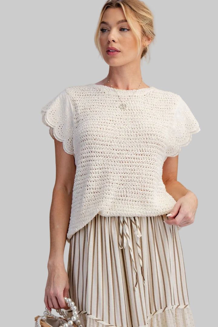 WING SHORT SLEEVE KNITTED SWEATER TOP - NATURAL