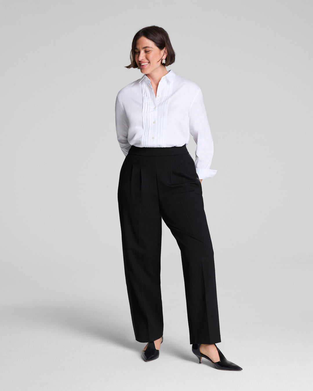 SPANX Ponte Pleated Barrel Leg Trouser with Tuxedo Stripe - Classic Black / Regular / M SPANX Ponte Pleated Barrel Leg Trouser with Tuxedo Stripe - Classic Black / Regular / M