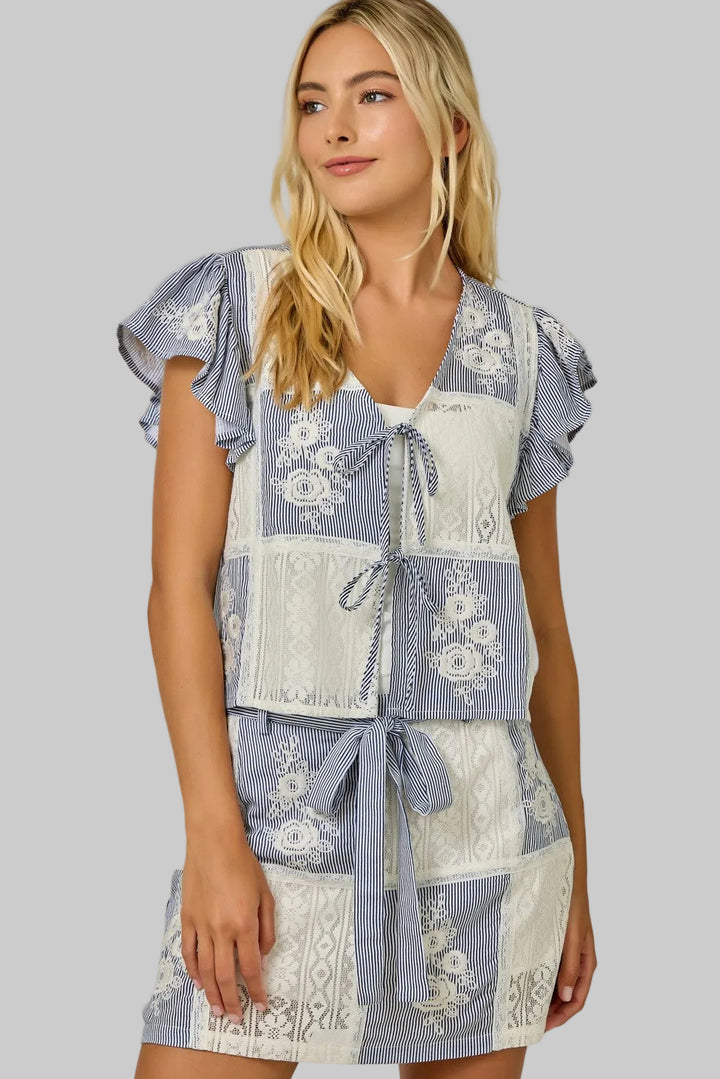 FLUTTER SLEEVE LACE/EMBROIDERED TIE FRONT CARDIGAN - NAVY