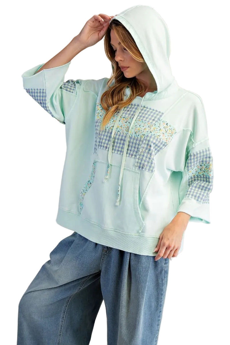 FLORAL PRINT MIX WASHED HOODED PULLOVER - MINT BLUE