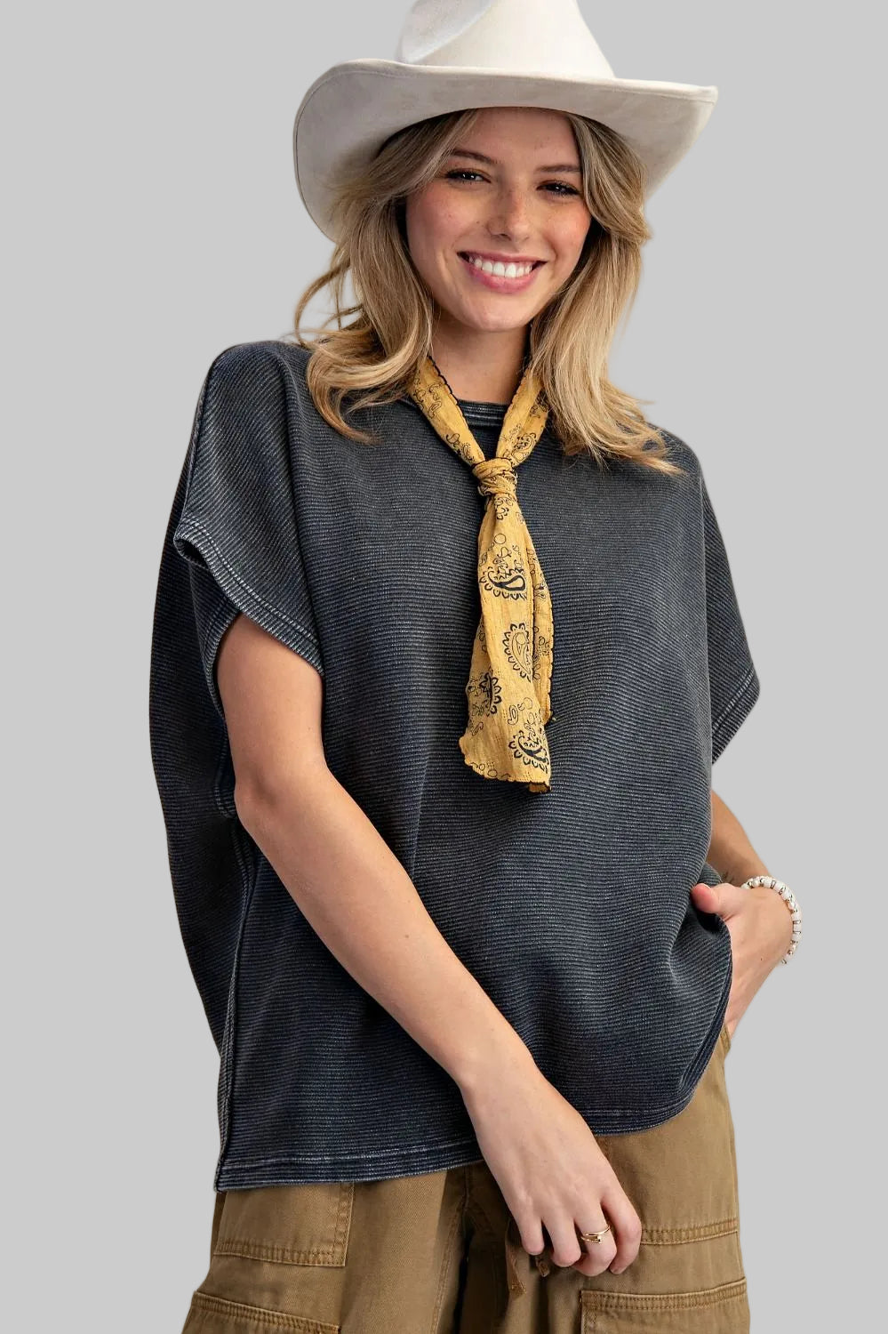 WIDE CAP SLEEVE TEXTURED OVERSIZED TOP - BLACK