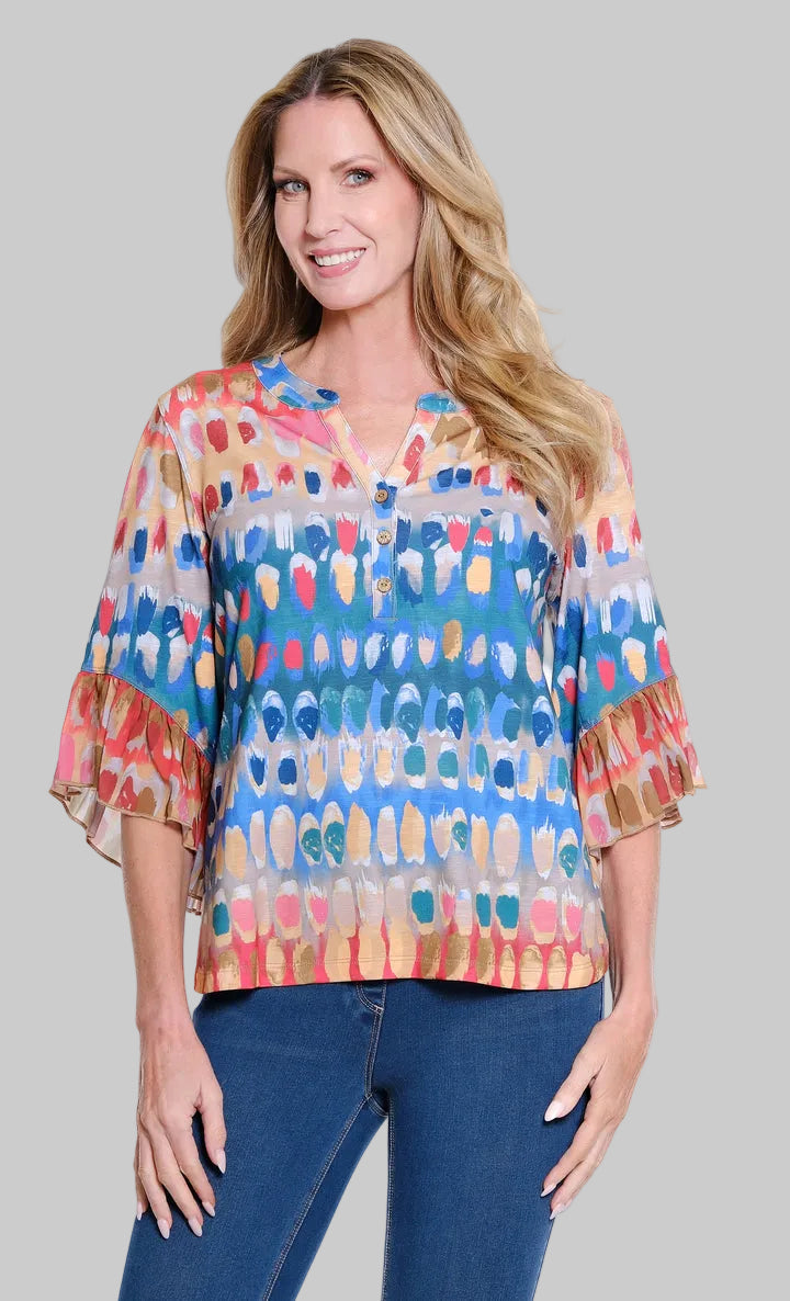 ELBOW FLOUNCE SLEEVE BUTTON FRONT TOP - ABSTRACT NAVY/GREEN/RED