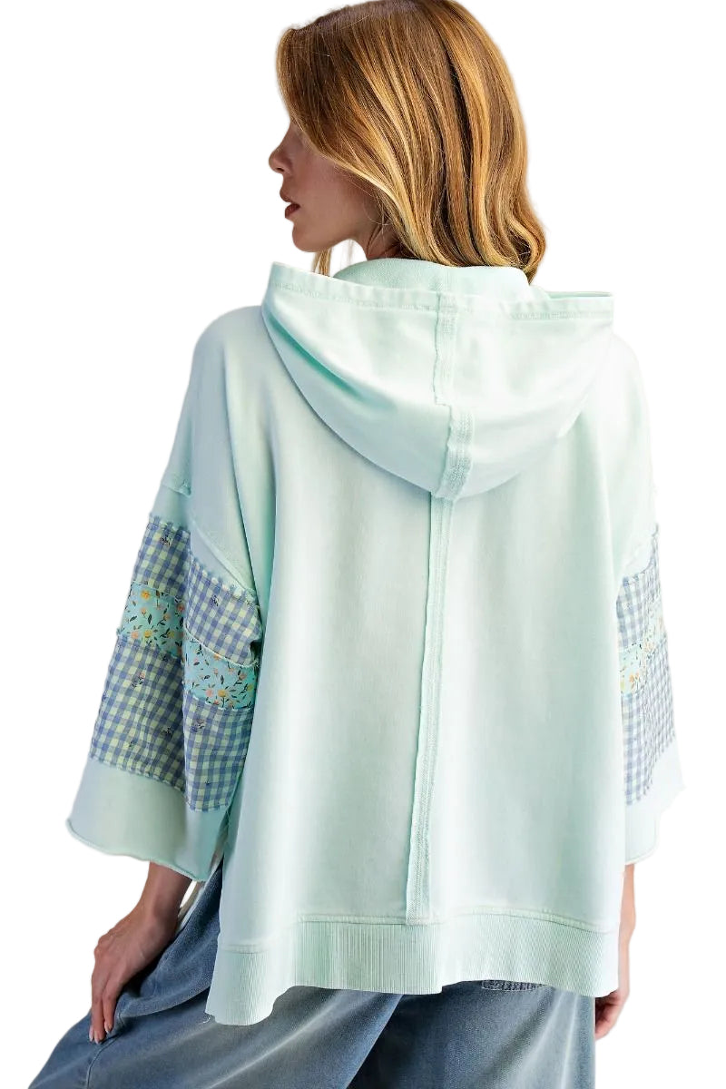 FLORAL PRINT MIX WASHED HOODED PULLOVER - MINT BLUE
