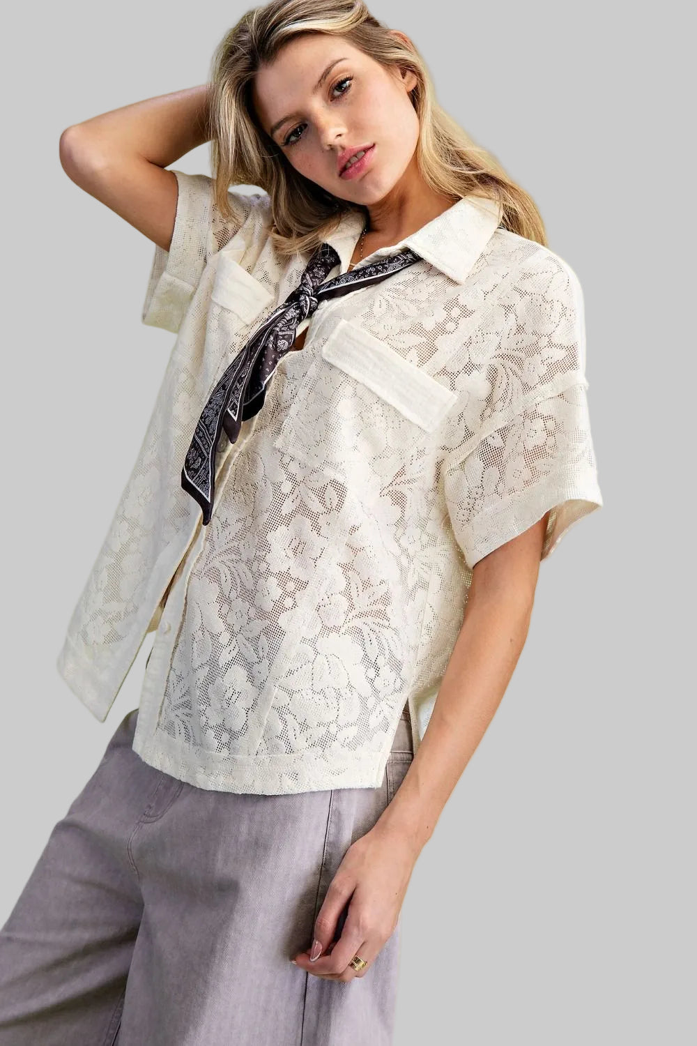 COLLARED SHORT SLEEVE LACE BLOUSE - NATURAL