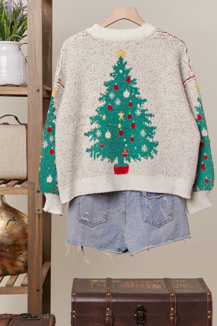 MERRY PINE TREE V-NECK KNIT CARDIGAN - IVORY