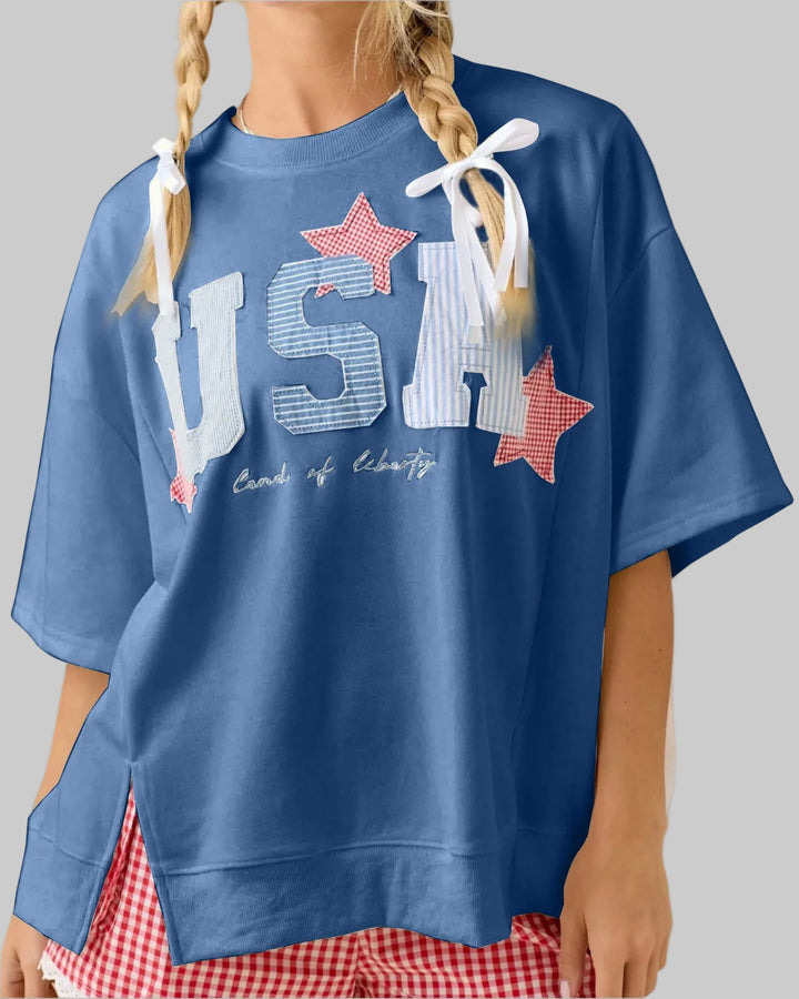 USA PATCHWORK OVERSIZED BOXY SWEATSHIRT TEE - BLUE