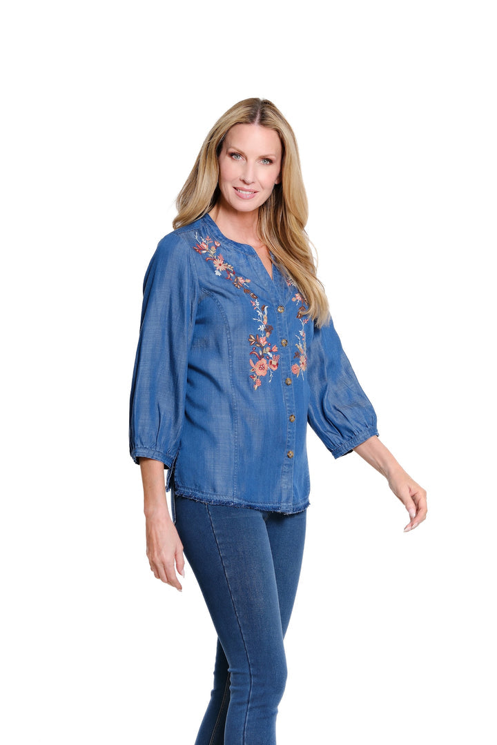 3/4 SLEEVE BUTTON FRONT FRINGE HEM EMBROIDERED TOP - DENIM