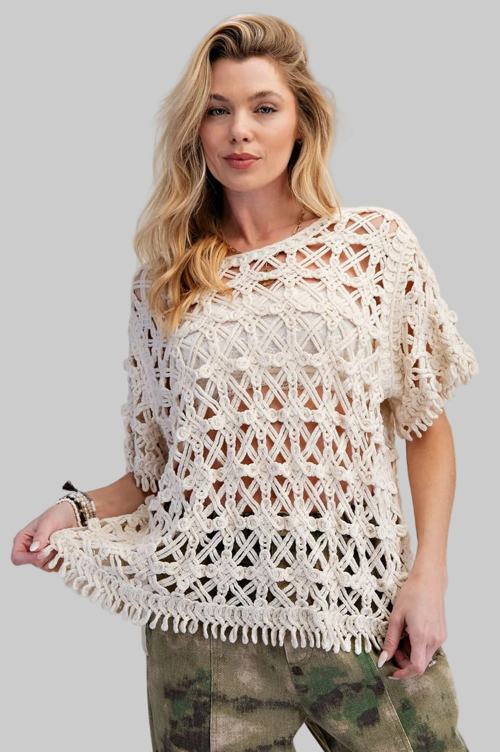 WIDE SLEEVE OPEN KNIT CROCHET TOP - NATURAL