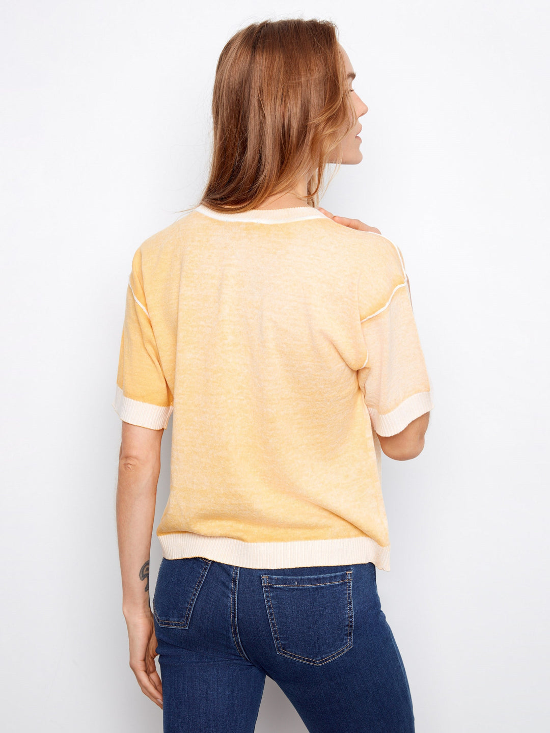 REVERSE PRINT SHORT SLEEVE CREW NECK SWEATER - SUNSHINE