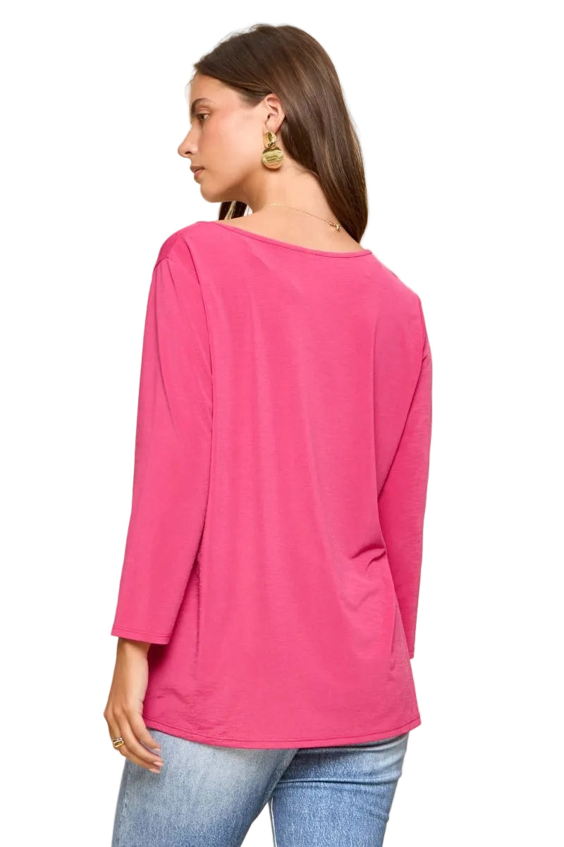 DEAR SCARLETT SOLID V-NECK 3/4 SLEEVE TOP - HOT PINK