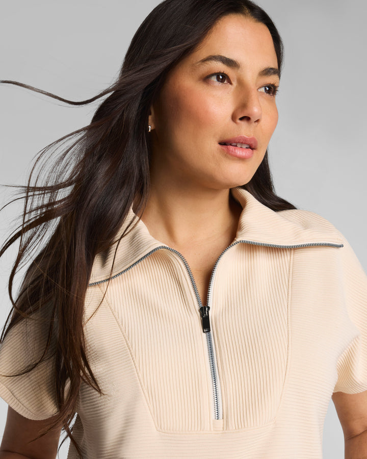 SPANX AIRESSENTIALS FRENCH RIB SHORT SLEEVE HALF ZIP - TOASTED COCONUT