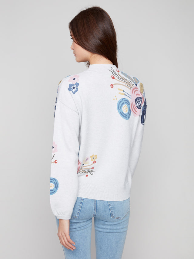 MOCK NECK SWEATER WITH FLORAL PRINT - HEATHER GREY