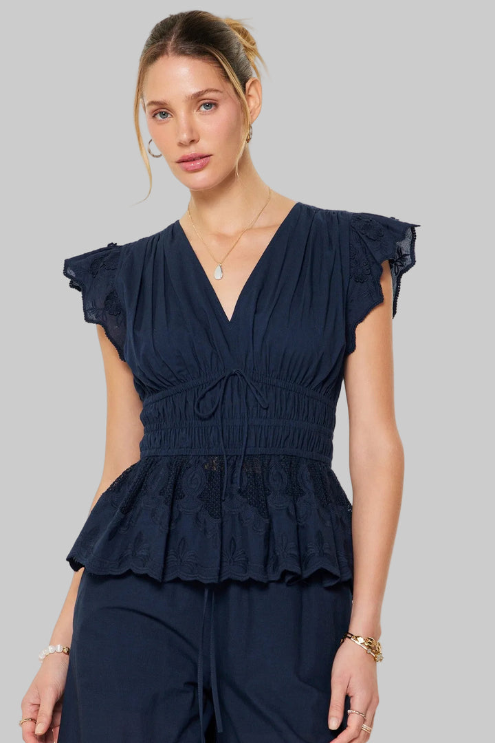 FLUTTER SLEEVE ELASITCIZED WAIST BLOUSE - NAVY