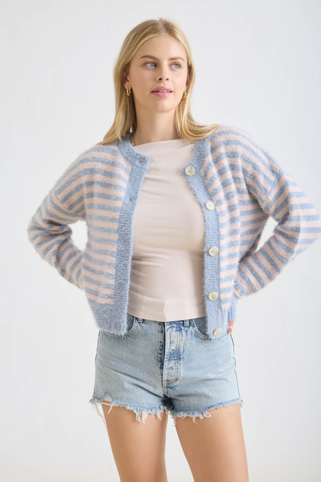 STRIPED FUZZY KNIT CARDIGAN - BLUE