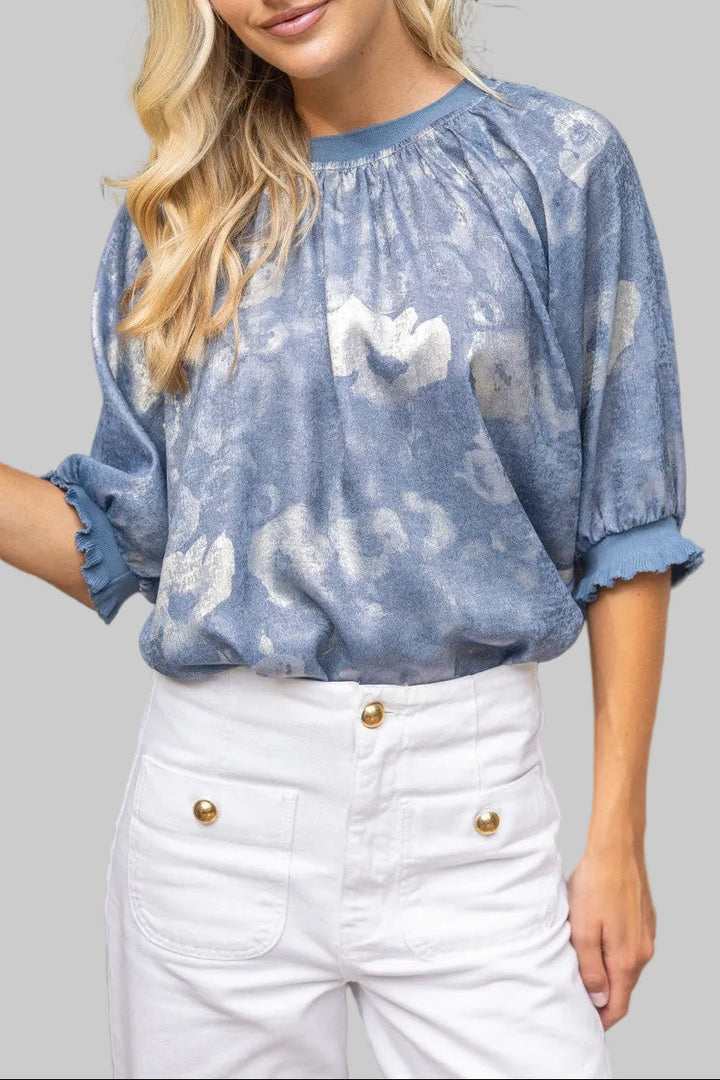 SHORT SLEEVE LUREX LEOPARD RAGLAN TOP - SLATE BLUE