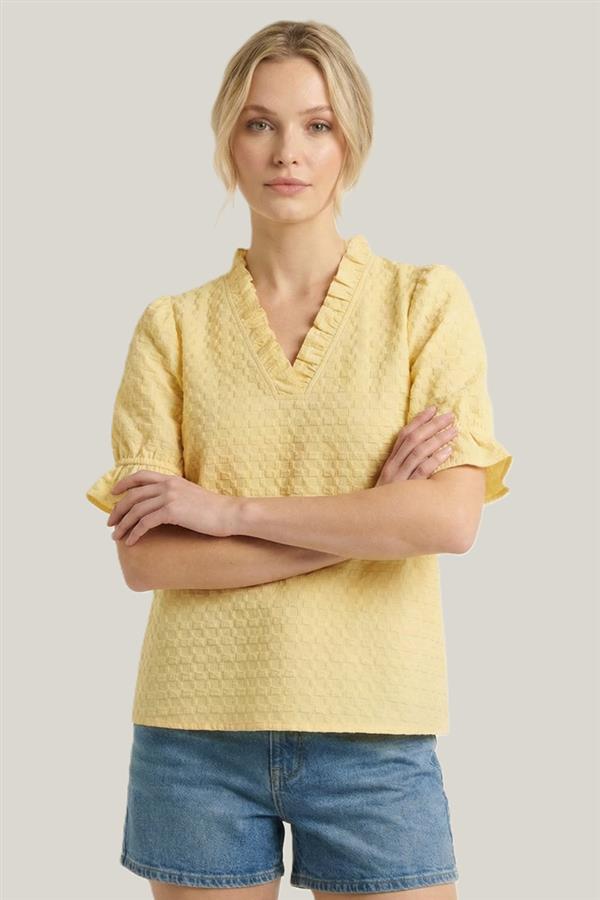 RUFFLED V-NECK ELBOW SLEEVE TOP - YELLOW