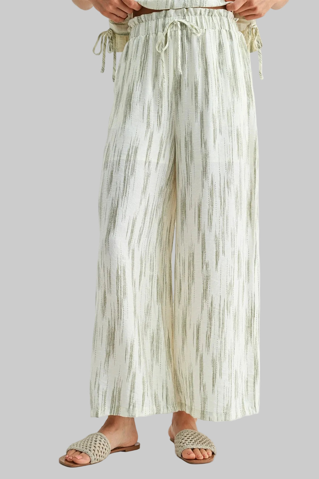 LINEN PRINTED FLOWY WIDE LEG PANTS - SAGE
