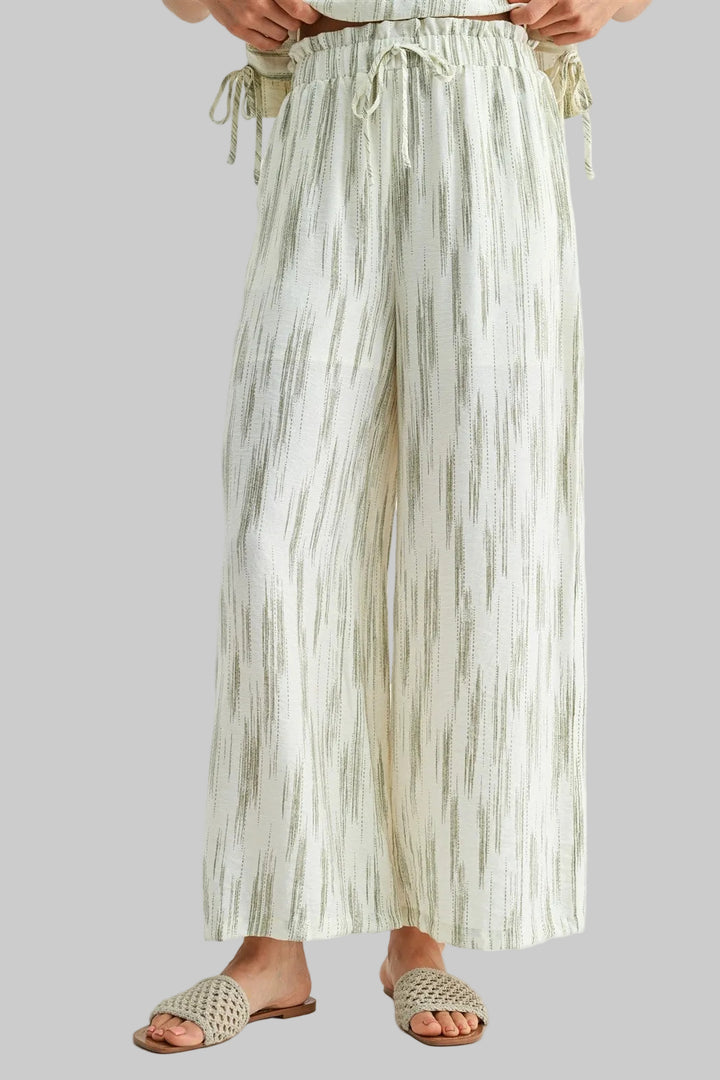 LINEN PRINTED FLOWY WIDE LEG PANTS - SAGE