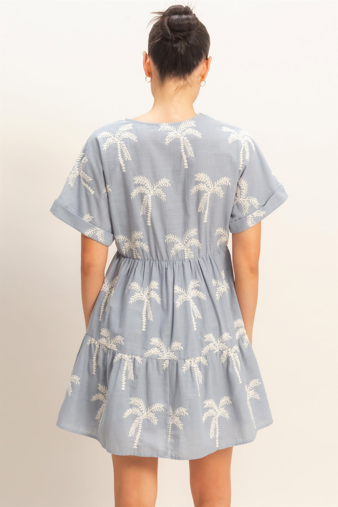 SHORT SLEEVE EMBROIDERED PALM TREE TIERED SHORT DRESS - DUSTY BLUE