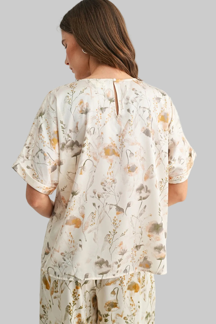 DOLMAN SLEEVE FLOWER PRINT SATIN TOP - IVORY/OLIVE