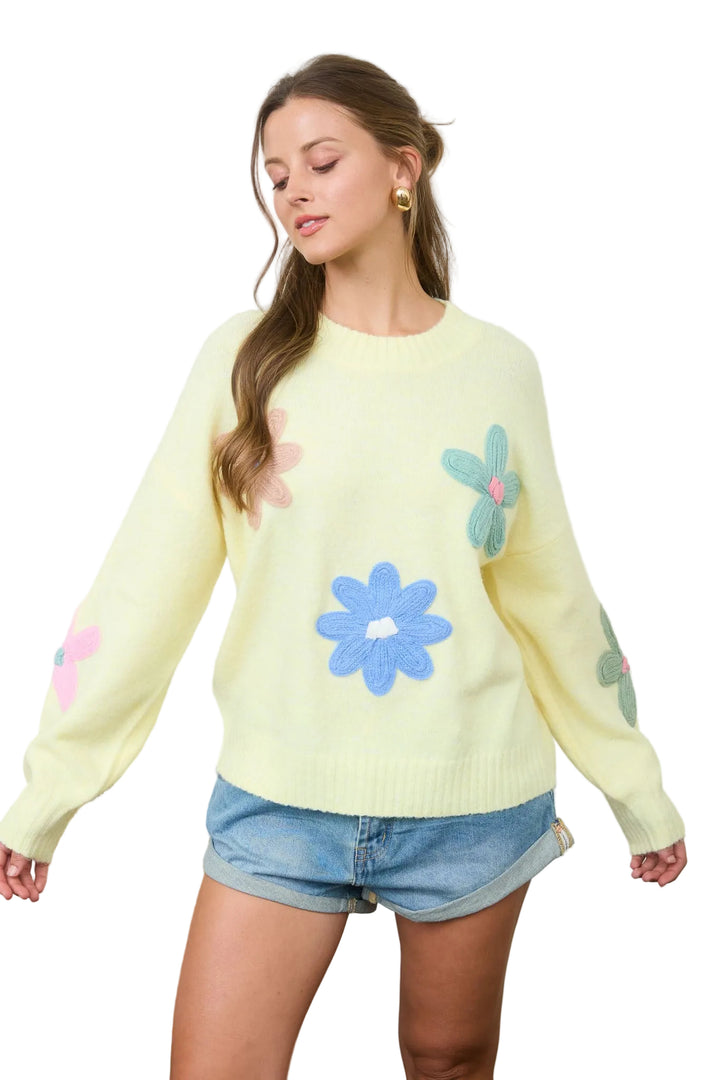 CROCHET FLORAL DETAIL KNIT SWEATER - BUTTER YELLOW