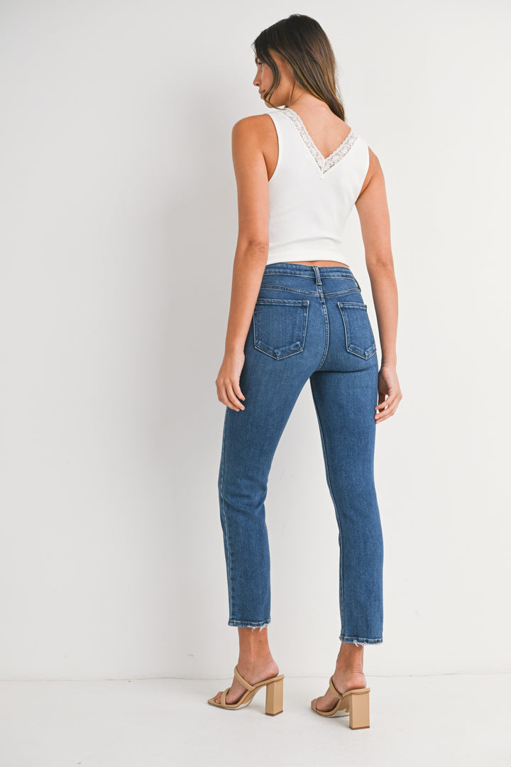 JBD MID RISE HEM DISTRESS SLIM STRAIGHT JEANS - DARK - 27" INSEAM