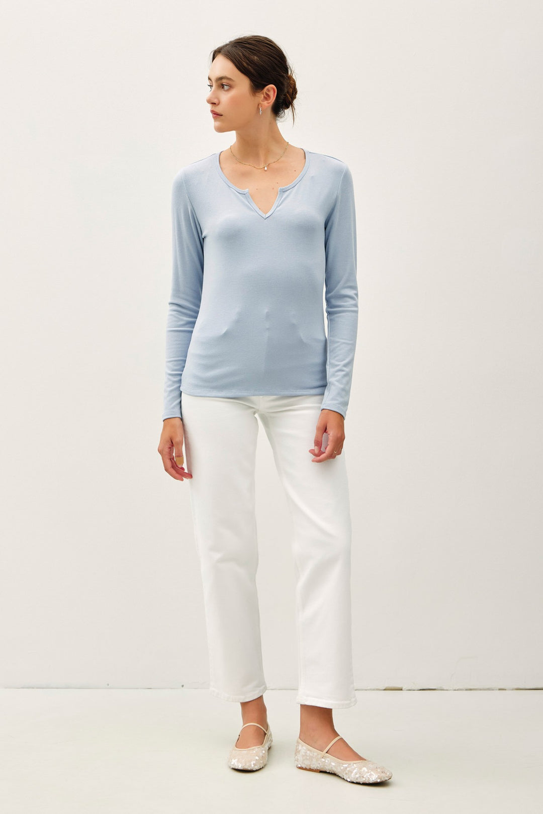 ULTRA SOFT NOTCHED NECK LONG SLEEVE TEE - SKY