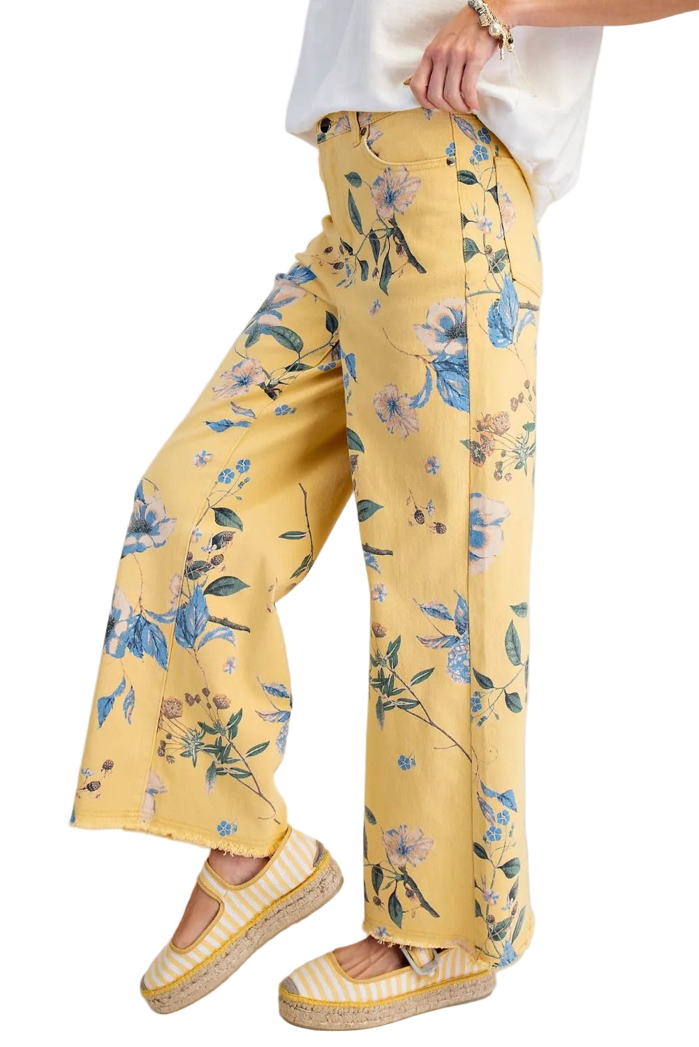 FLORAL PRINTED SOFT STRETCH TWILL PANTS - MISTY YELLOW