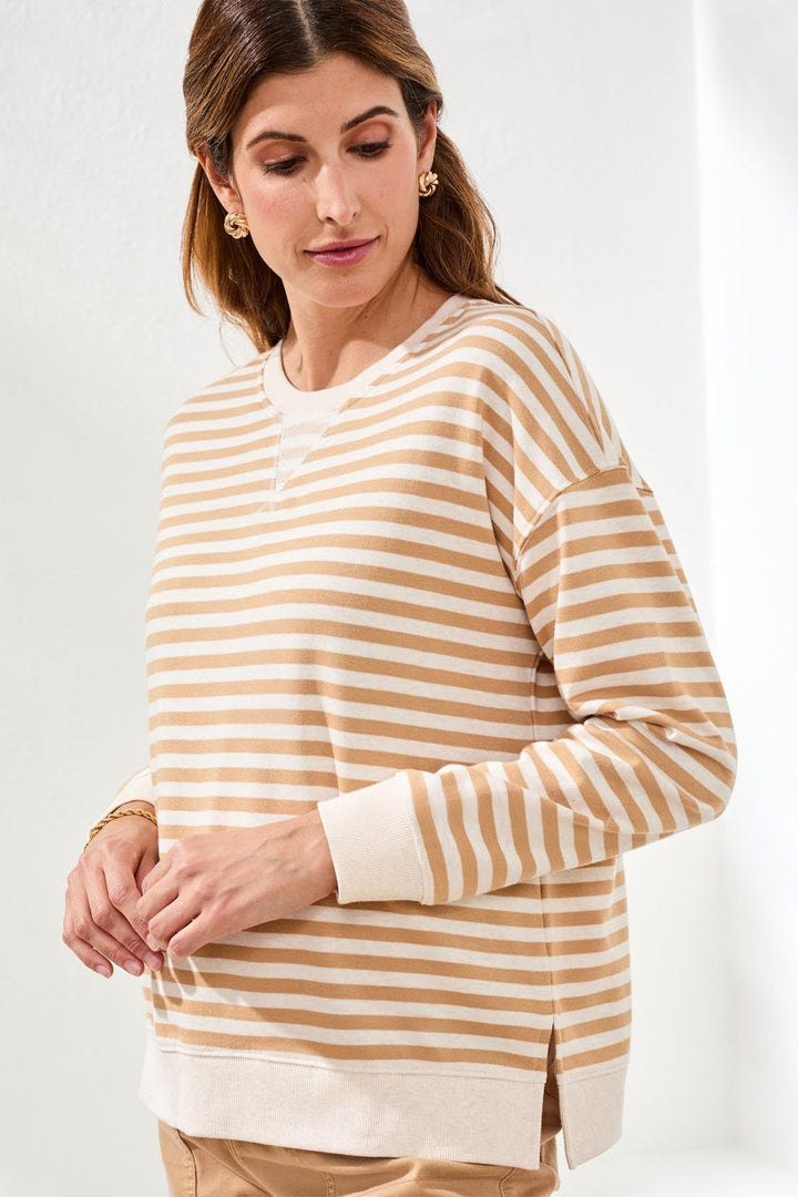 LONG SLEEVE CREW NECK STRIPED COMBO TOP  - SESAME