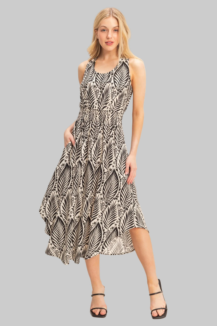 SLEEVELESS SMOCKED WAIST ASYMMETRICAL MIDI DRESS - BLACK
