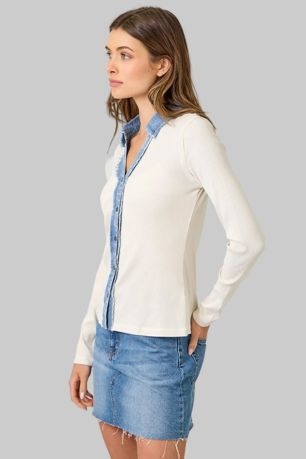 WASHED RIB THERMAL BUTTON DOWN TOP - VINTAGE WHITE