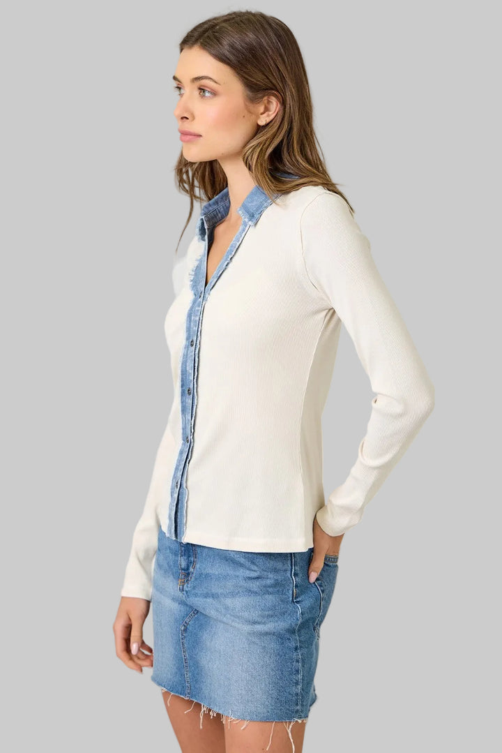 WASHED RIB THERMAL BUTTON DOWN TOP - VINTAGE WHITE