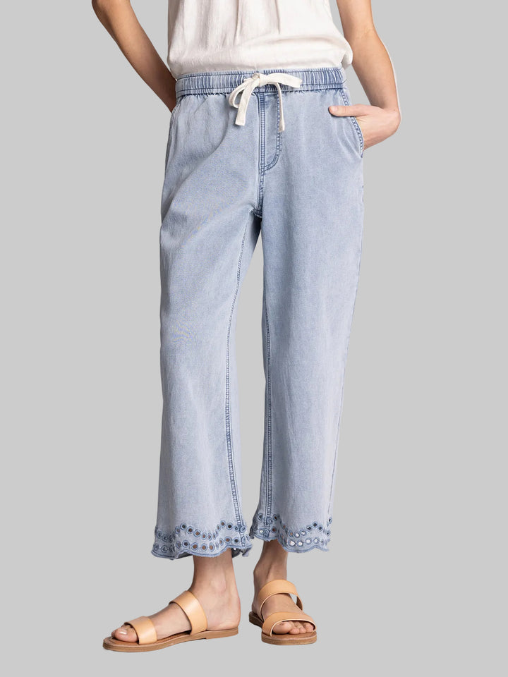 ELASTIC WAIST CROPPED EMBROIDERY MORWENNA PANTS - MEDIUM BLUE