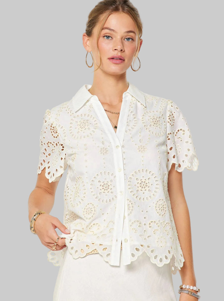 SHORT SLEEVE EYELET EMBROIDERY BLOUSE - WHITE