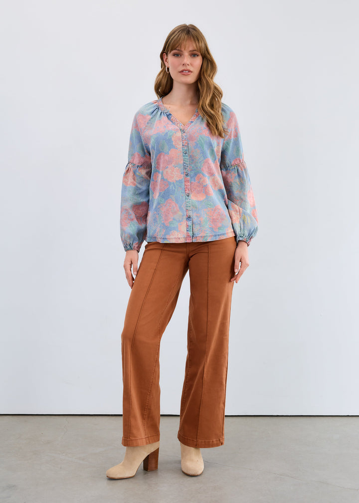 LONG SLEEVE BUTTON UP SHIRT - PRIMROSE BLUE/MAUVE