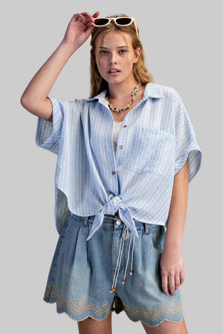 STRIPED LINEN BUTTON DOWN TIE FRONT CROP SHIRT - BLUE