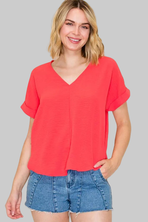 ROLL UP SHORT SLEEVE LOOSE FIT TOP - RED