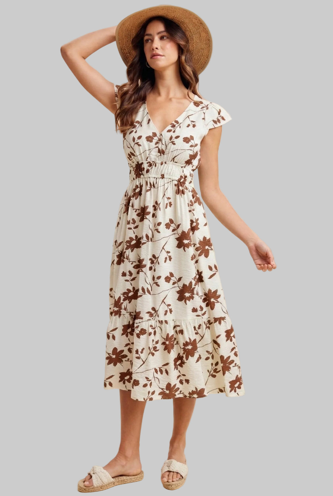 SLEEVELESS FLORAL TEXTURED BUTTON DOWN MIDI DRESS - BROWN