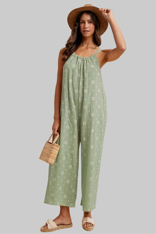 DAISY COTTON GAUZE WIDE LEG JUMPSUIT - DRIED SAGE
