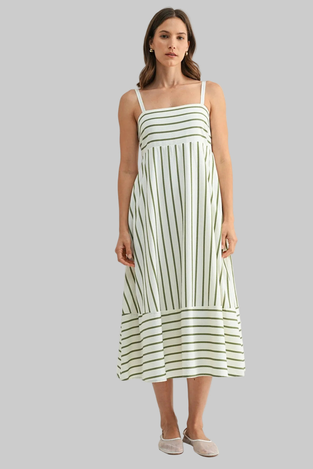SPAGHETTI STRAP STRIPED MIDI DRESS - OLIVE