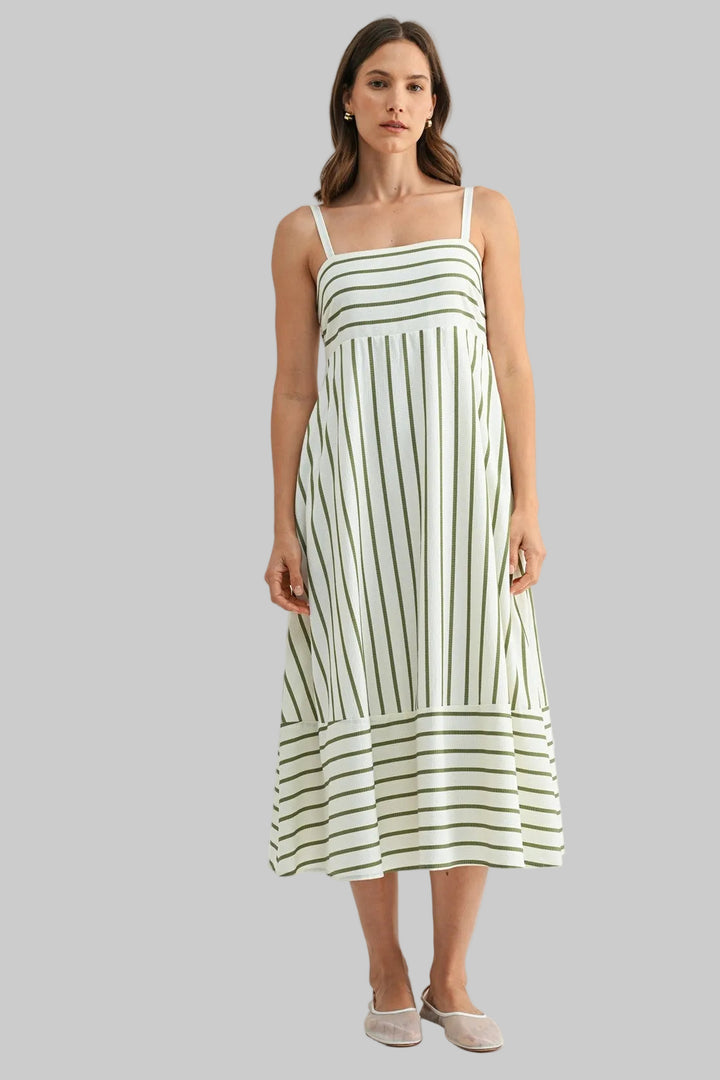 SPAGHETTI STRAP STRIPED MIDI DRESS - OLIVE